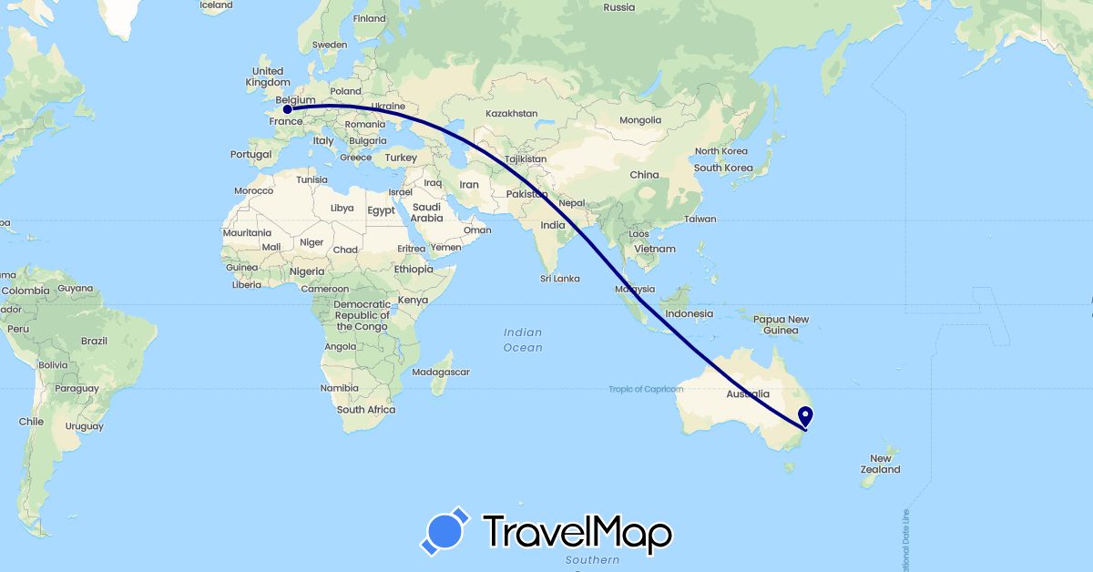 TravelMap itinerary: driving in Australia, France, Singapore (Asia, Europe, Oceania)